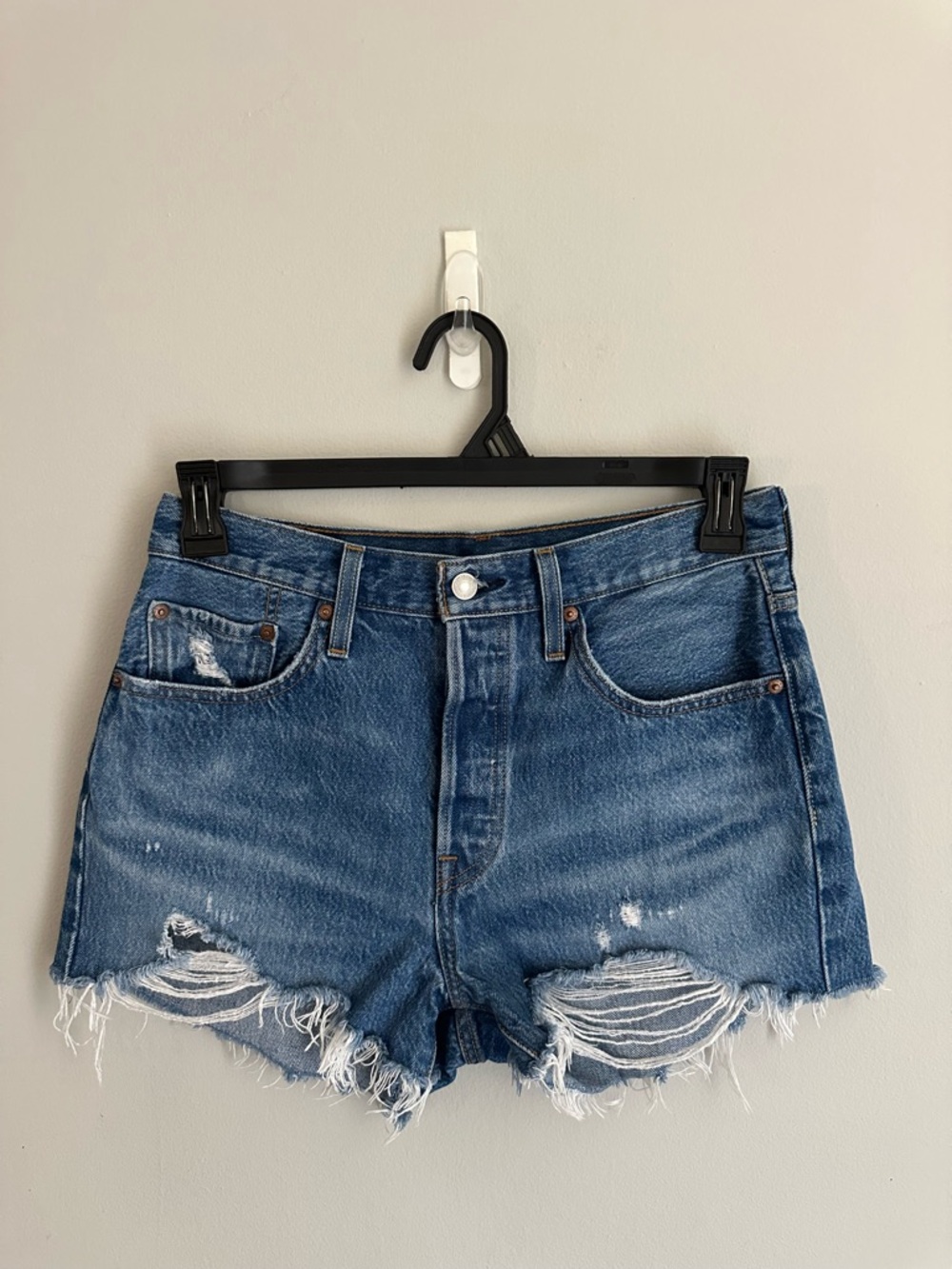 Levi's Light Blue Distressed High-Rise Jean Shorts - Picture 3 of 13